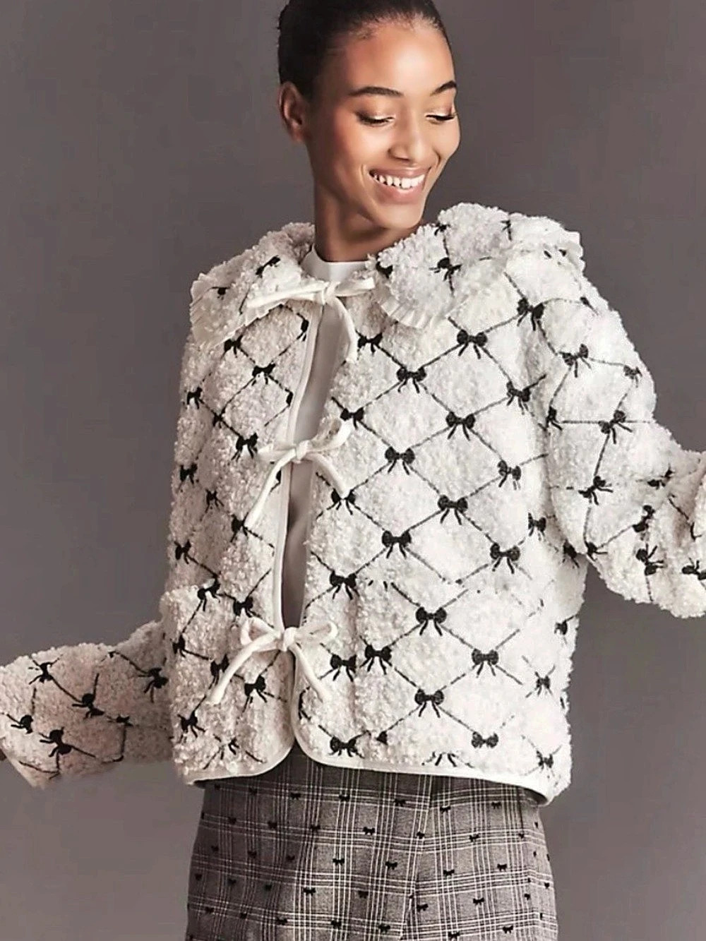 Anthropologie MABLE Bow-Embroidered Quilted Sherpa Jacket Bow Pattern Teddy Jack - Picture 2 of 4